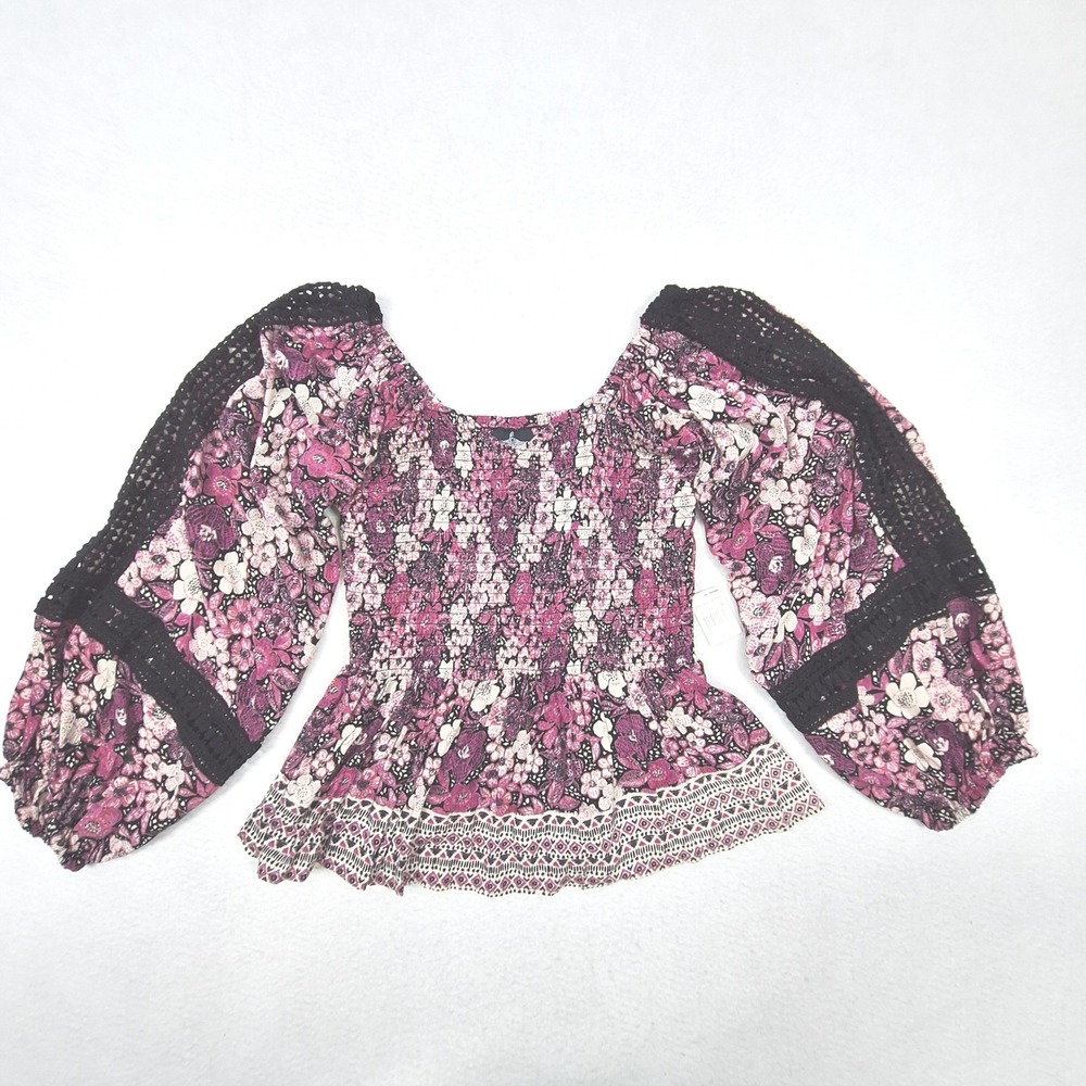 Angie Blouse Womens XL Purple Floral Smocked Crochet Boho Peplum Top
